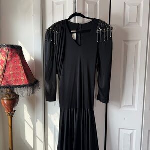 JooMee Black Long-Sleeve Evening Dress with Beaded Shoulder Detail